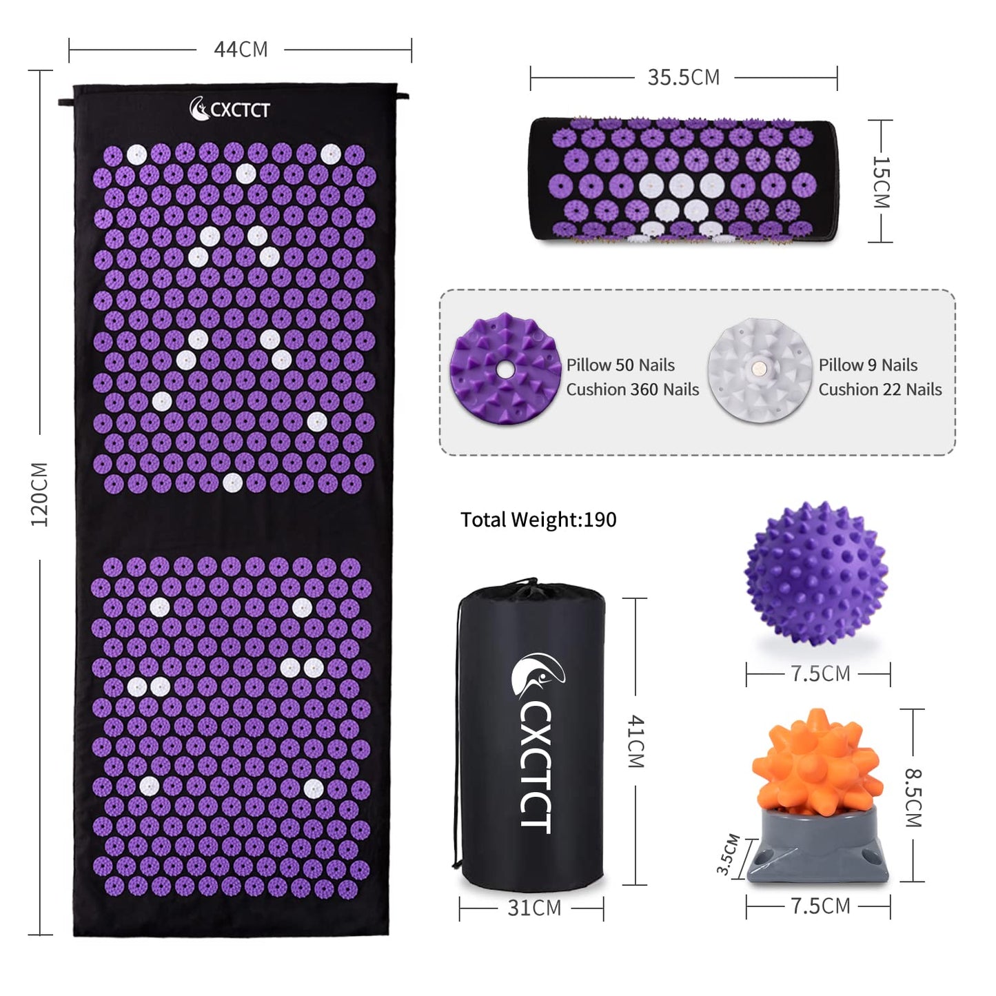 Purple Yoga Massage Mat Set - Extra Long Acupressure Magnetic Mat & Pillow