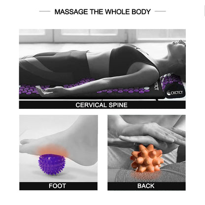 Purple Yoga Massage Mat Set - Extra Long Acupressure Magnetic Mat & Pillow