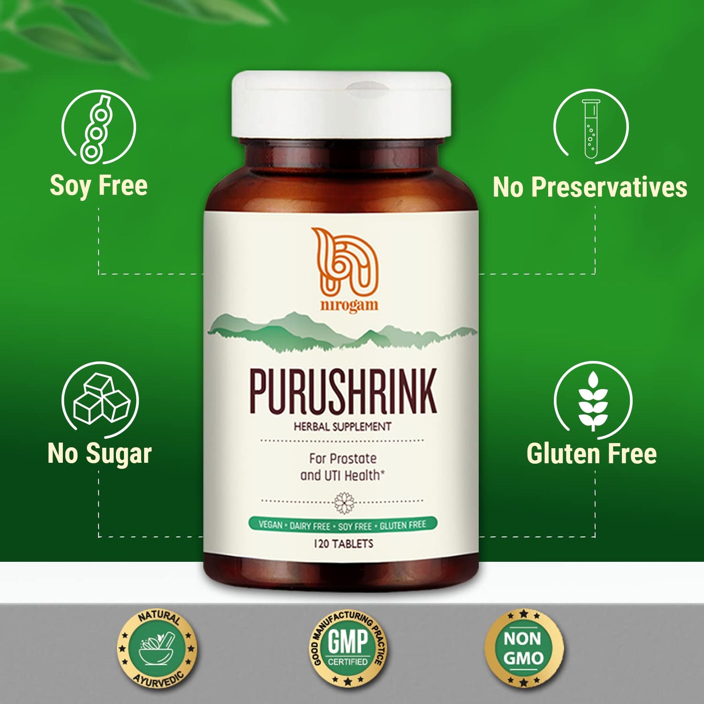Purushrink Prostate Health for Men | Ayurvedic Urinary & Sleep Support | Nirogam 120 Tablets