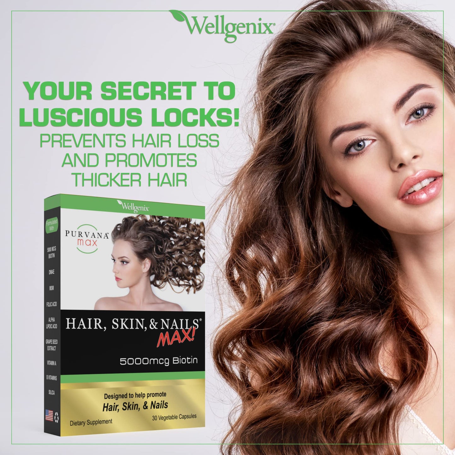 Wellgenix Purvana Max: Hair, Skin & Nails Vitamin | Biotin 5000 MCG