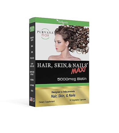 Purvana Max Hair, Skin & Nails Vitamin - 5000mcg Biotin, Vegan - Pack of 2 (30 Caps Each)