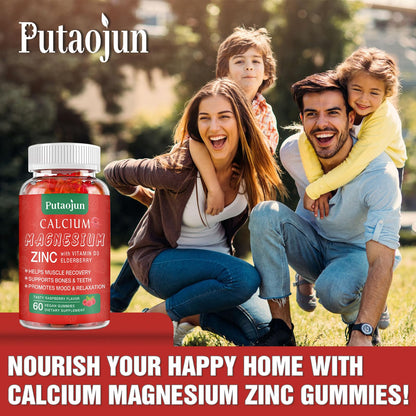 Putaojun Calcium Magnesium Zinc Gummies with Vitamin D3 | Sugar Free, Vegan, Raspberry – 1 Pack