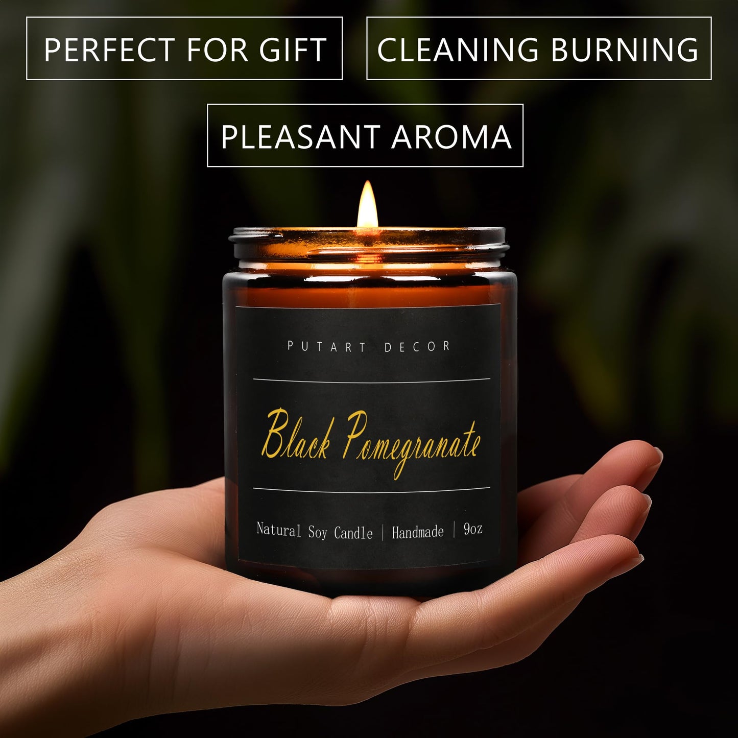 Putart Black Pomegranate Soy Candle – 9oz Amber Jar, Non-Toxic, Long-Lasting Aromatherapy Gift