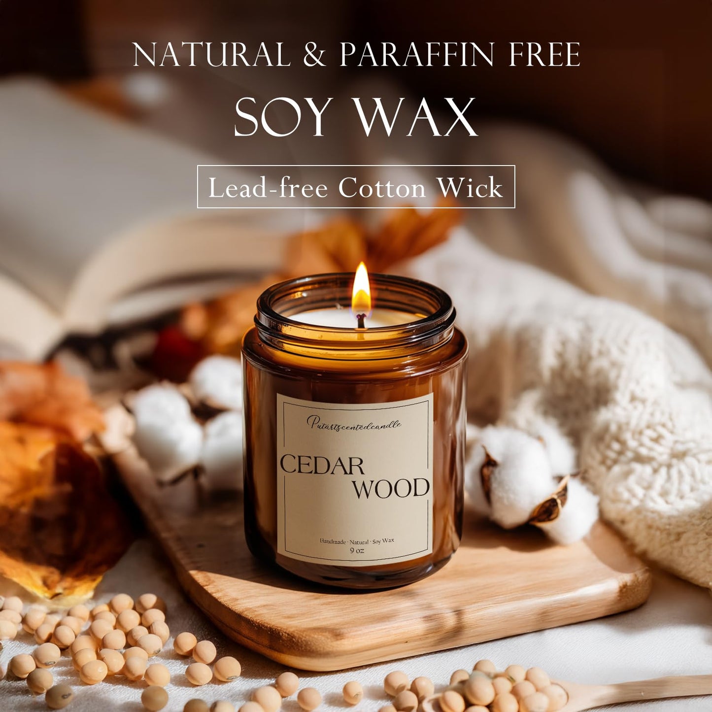 Putart Cedar Wood Soy Candles – Natural, Non-Toxic, Long-Lasting 9oz Jar Candle