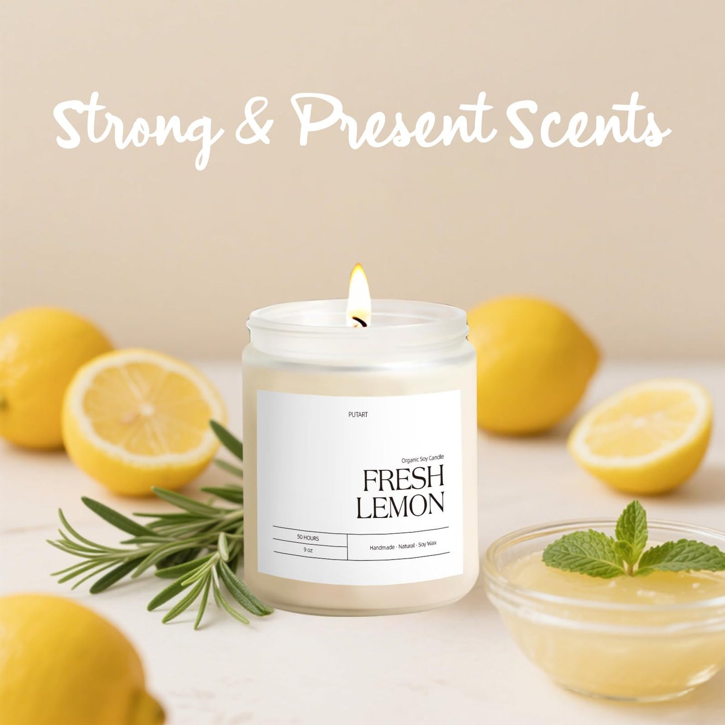 Putart Fresh Lemon 9oz Natural Soy Candle - Aromatherapy, Non-Toxic, White Jar
