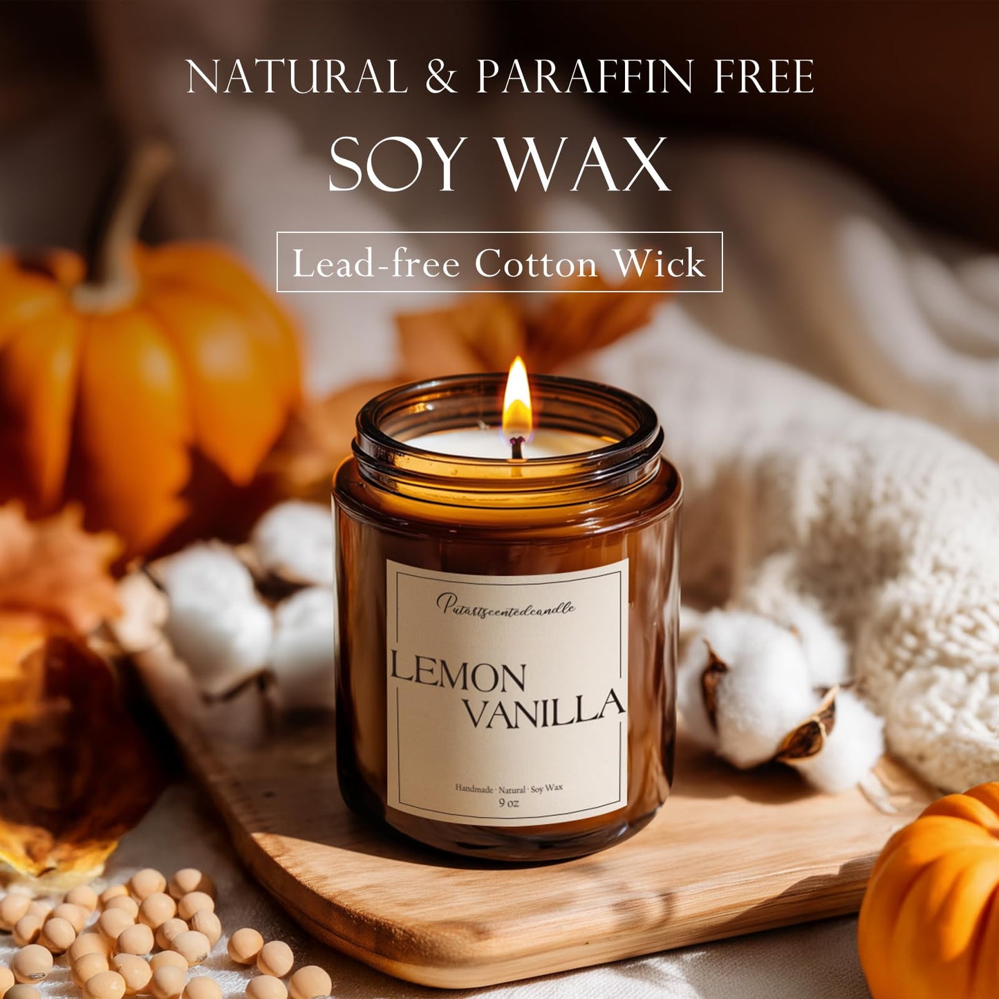 Putart Lemon Vanilla Soy Candle 9oz – Aromatherapy, Non-Toxic, Long-Lasting