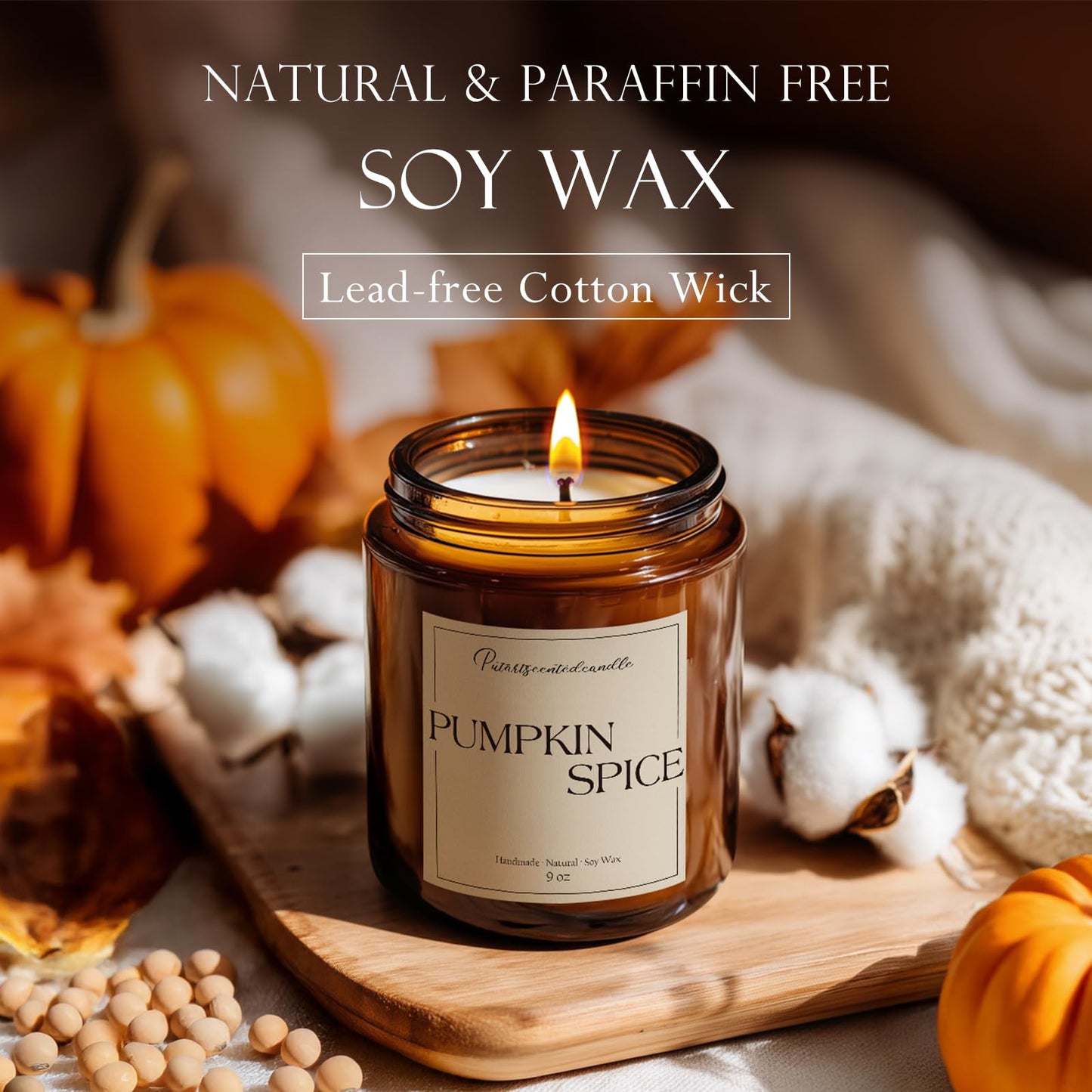 Putart Pumpkin Spice Soy Candle – 9oz, Amber Glass Jar