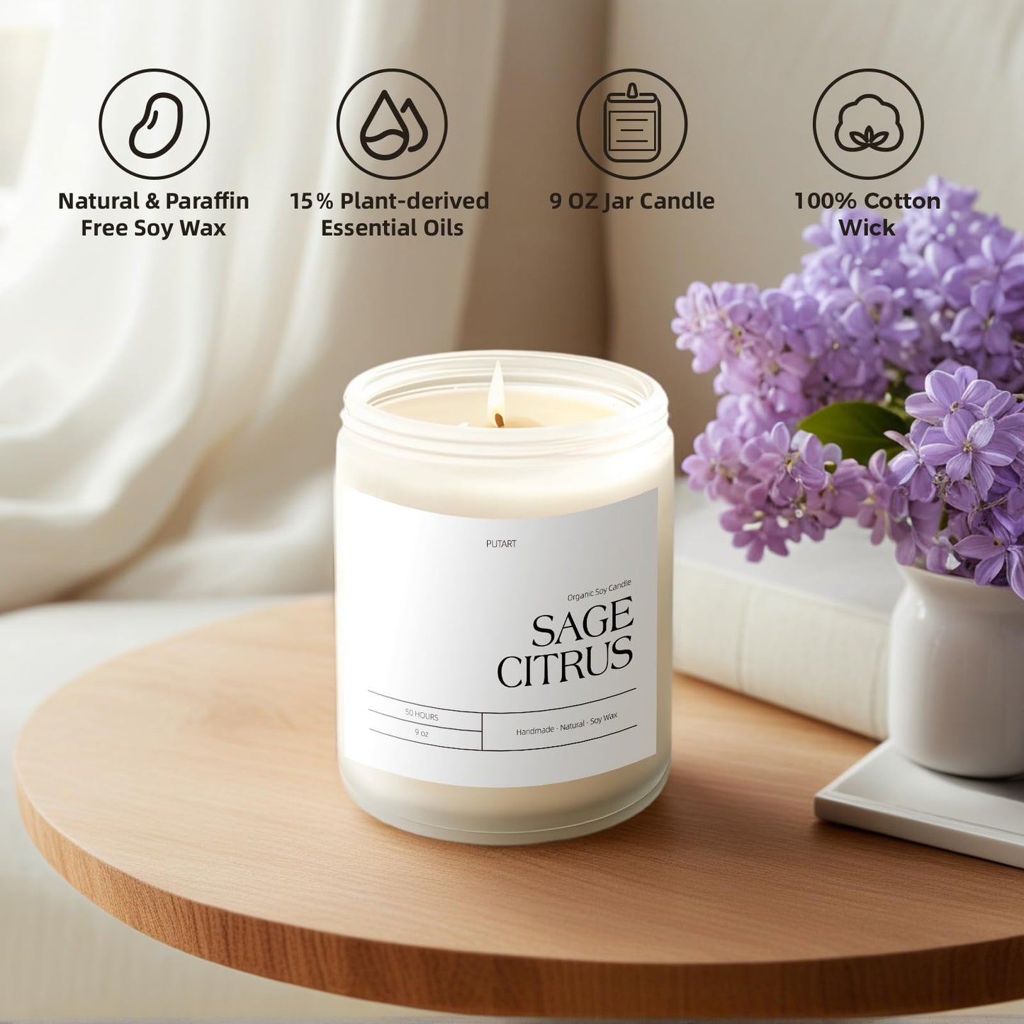 Putart Sage Citrus Soy Candle – 9oz, Non-Toxic, Long-Lasting Aroma, Luxury Gift Jar