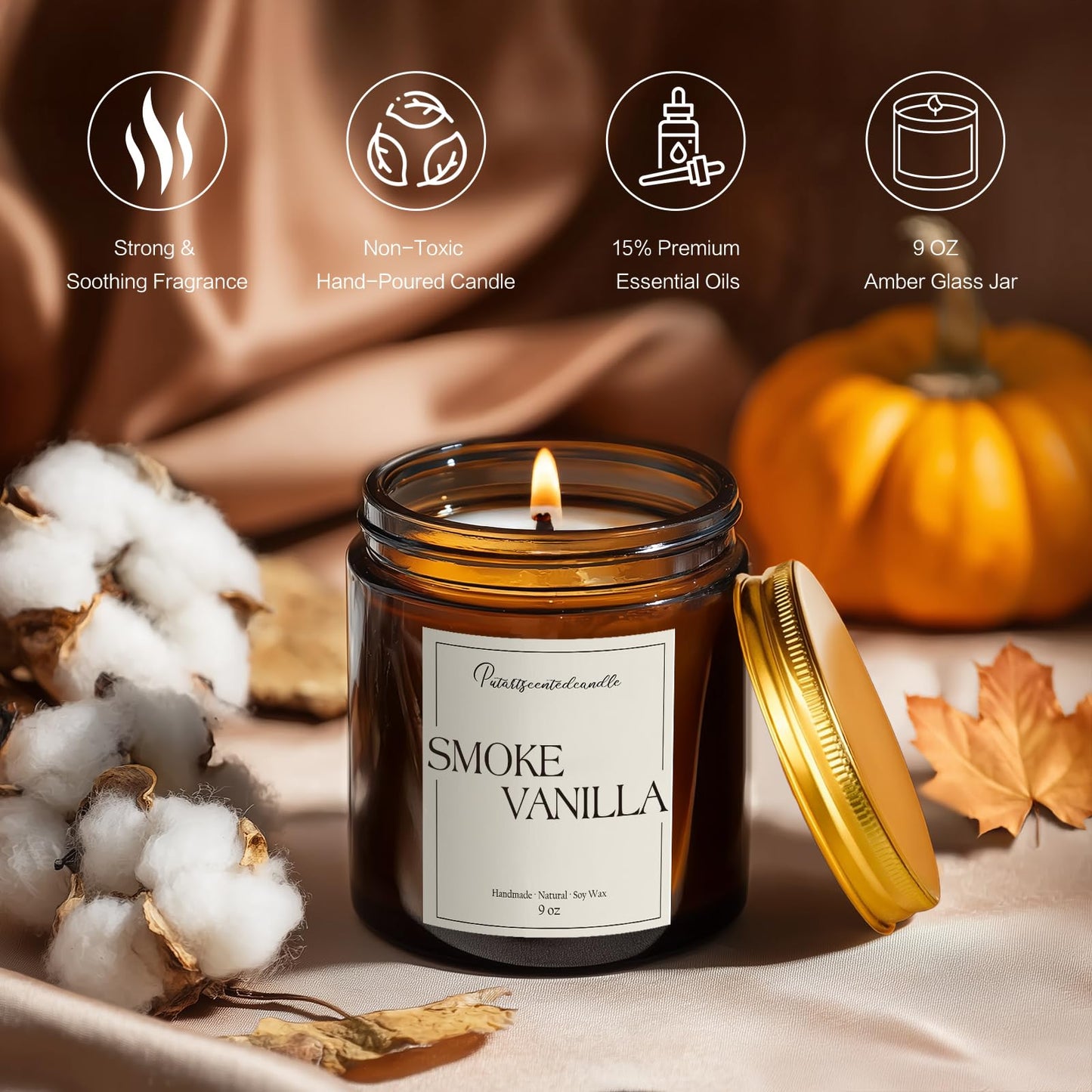 Putart Somke Vanilla Scented Candle – 9oz Natural Soy Wax, Aromatherapy & Stress Relief