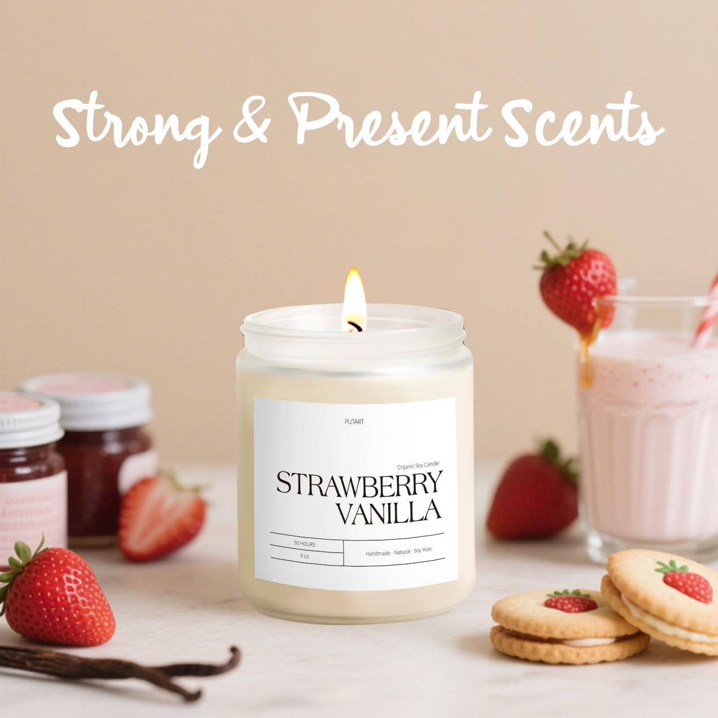Putart Strawberry Vanilla Soy Candle – 9oz Aromatherapy, Non-Toxic