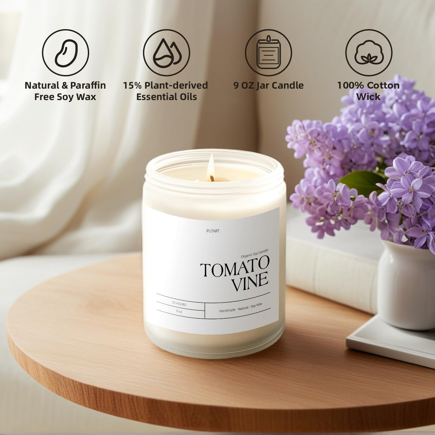 Putart Tomato Vine Candle – Natural Soy Wax Aromatherapy 9oz | Non-Toxic, Stress-Relief Jar