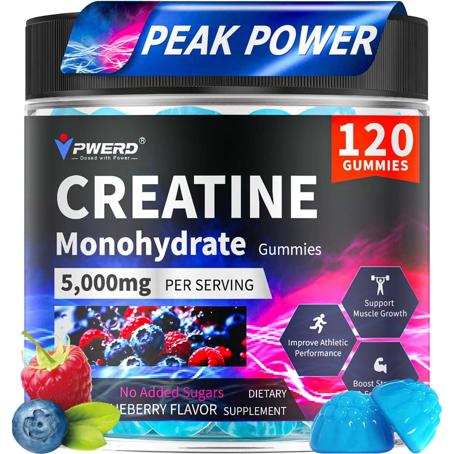 PWERD 120-Count Creatine Monohydrate Gummies 5g – Blueberry, Vegan & Sugar-Free