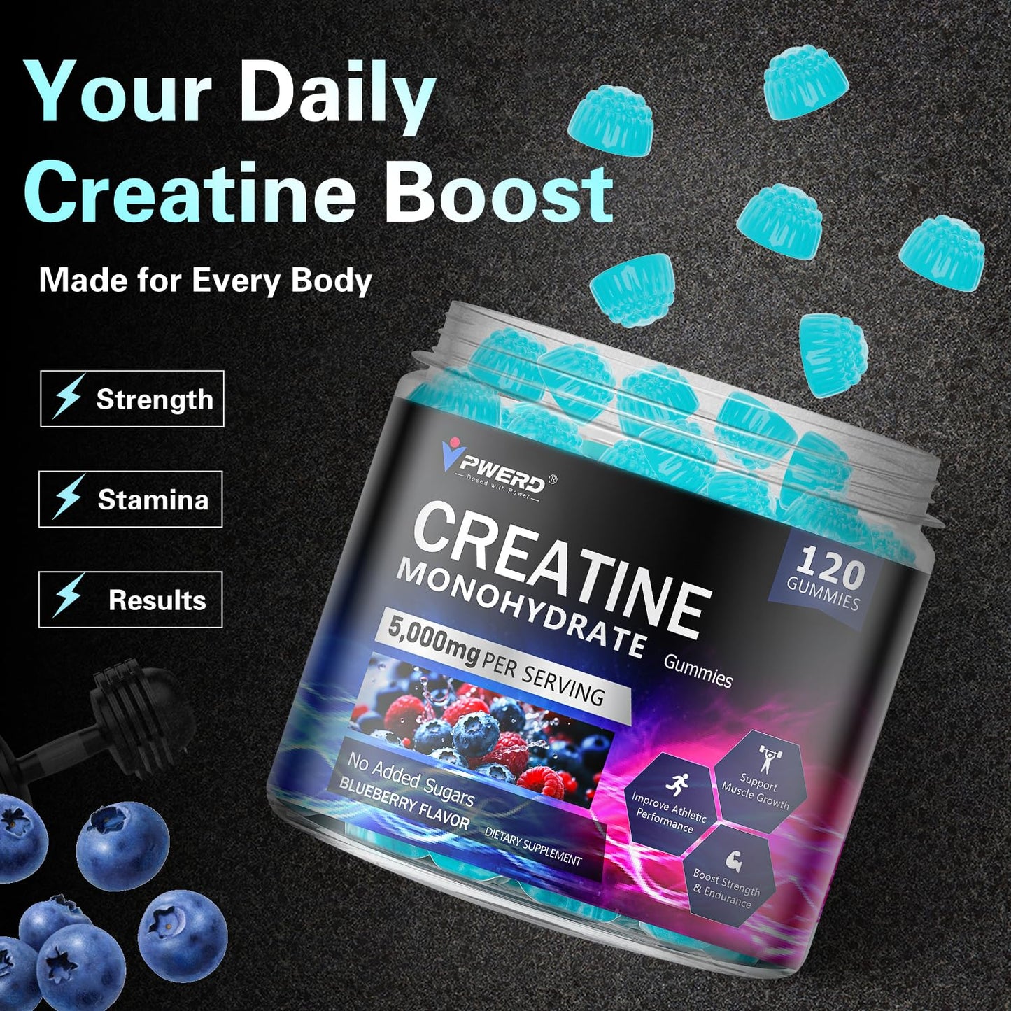 PWERD 120-Count Creatine Monohydrate Gummies 5g – Blueberry, Vegan & Sugar-Free