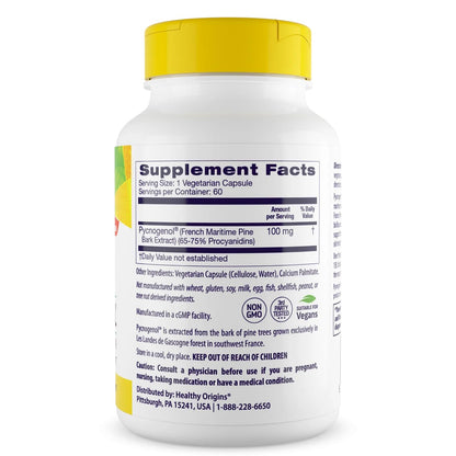 Healthy Origins Pycnogenol 100 mg – Pine Bark Extract, Non-GMO, 60 Veggie Caps