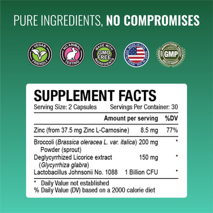 Approved Science Pyloriprin - Advanced Digestive Support (Zinc L-Carnosine, Probiotic, Broccoli Sprout, Deglycyrrhized Licorice) - 60 Vegan Capsules