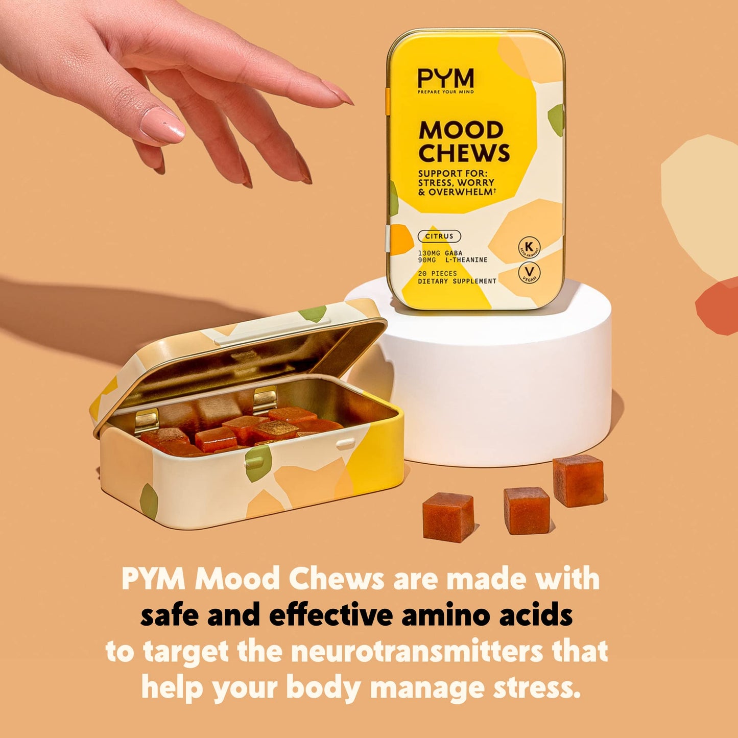 PYM Citrus Mood Chews – 120 Count for Stress Support | GABA 130 mg, L-Theanine 90 mg | Vegan, Gluten-Free, No Added Sugar | USA Made