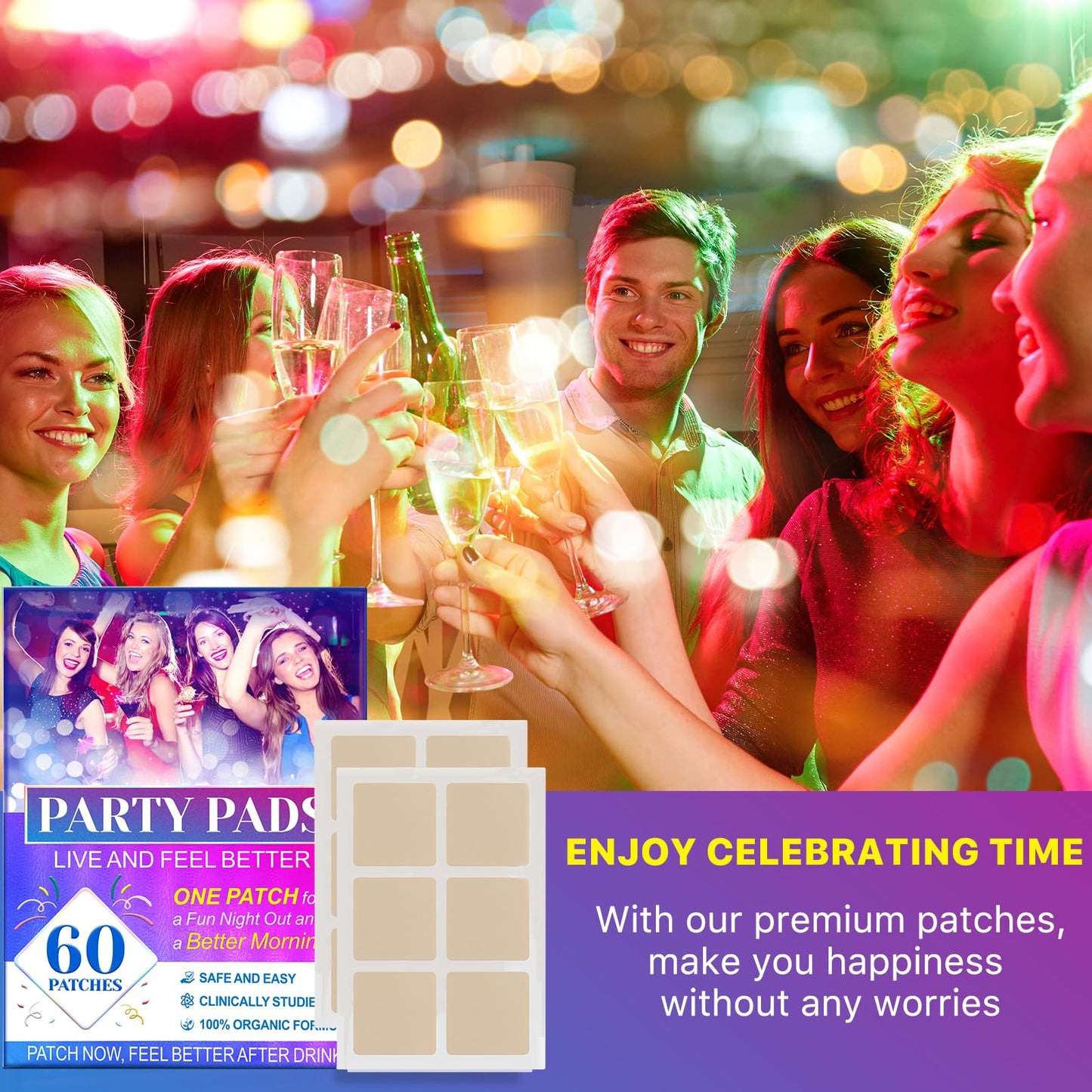 QBYZ 60 Pack Party Relief Patches – Use Before Party Drinking, Wake Up Refreshed, Natural Patches