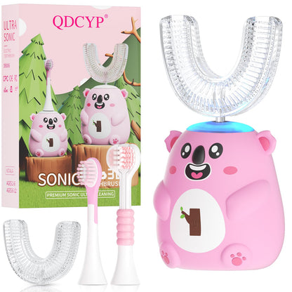 QDCYP Kids U-Shaped Electric Toothbrush – 360° Cleaning, 6 Modes, Ages 2-6 (Pink)