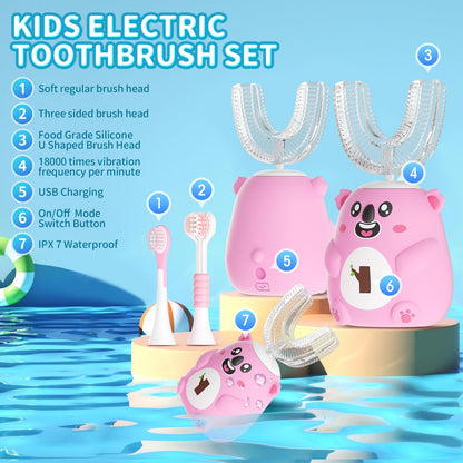 QDCYP Kids U-Shaped Electric Toothbrush (6-12) – 360° Sonic Cleaning, 6 Modes, 4 Heads, Koala Pink
