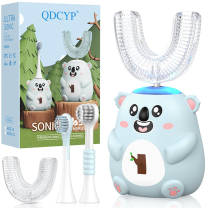 QDCYP Kids U-Shaped Electric Toothbrush – 360° Sonic Cleaning, 6 Modes, 4 Brush Heads, Koala Design (Ages 6-12, Grey Blue)