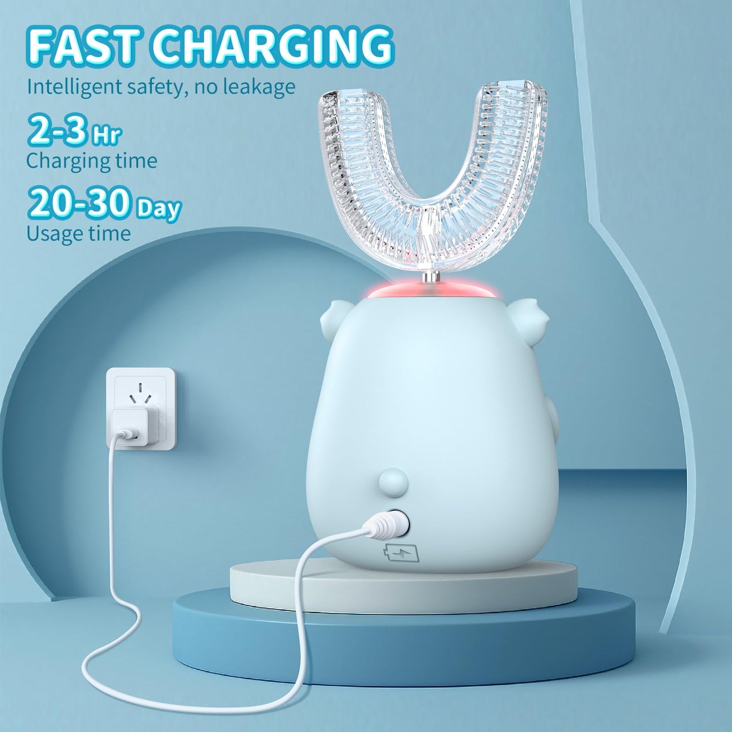 QDCYP Kids U-Shaped Electric Toothbrush – 360° Sonic Cleaning, 6 Modes, 4 Brush Heads, Koala Design (Ages 6-12, Grey Blue)