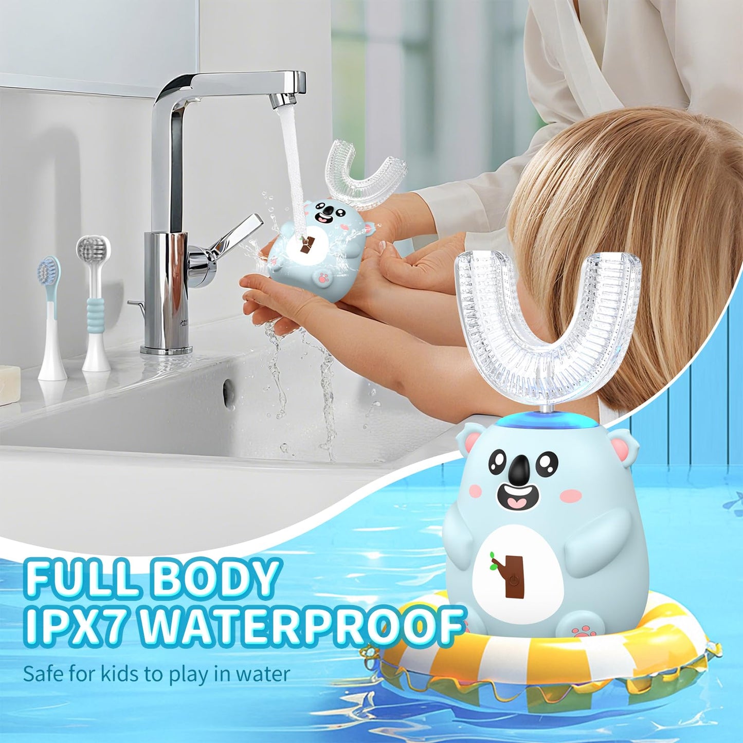 QDCYP Kids U-Shaped Electric Toothbrush – 360° Sonic Cleaning, 6 Modes, 4 Brush Heads, Koala Design (Ages 6-12, Grey Blue)