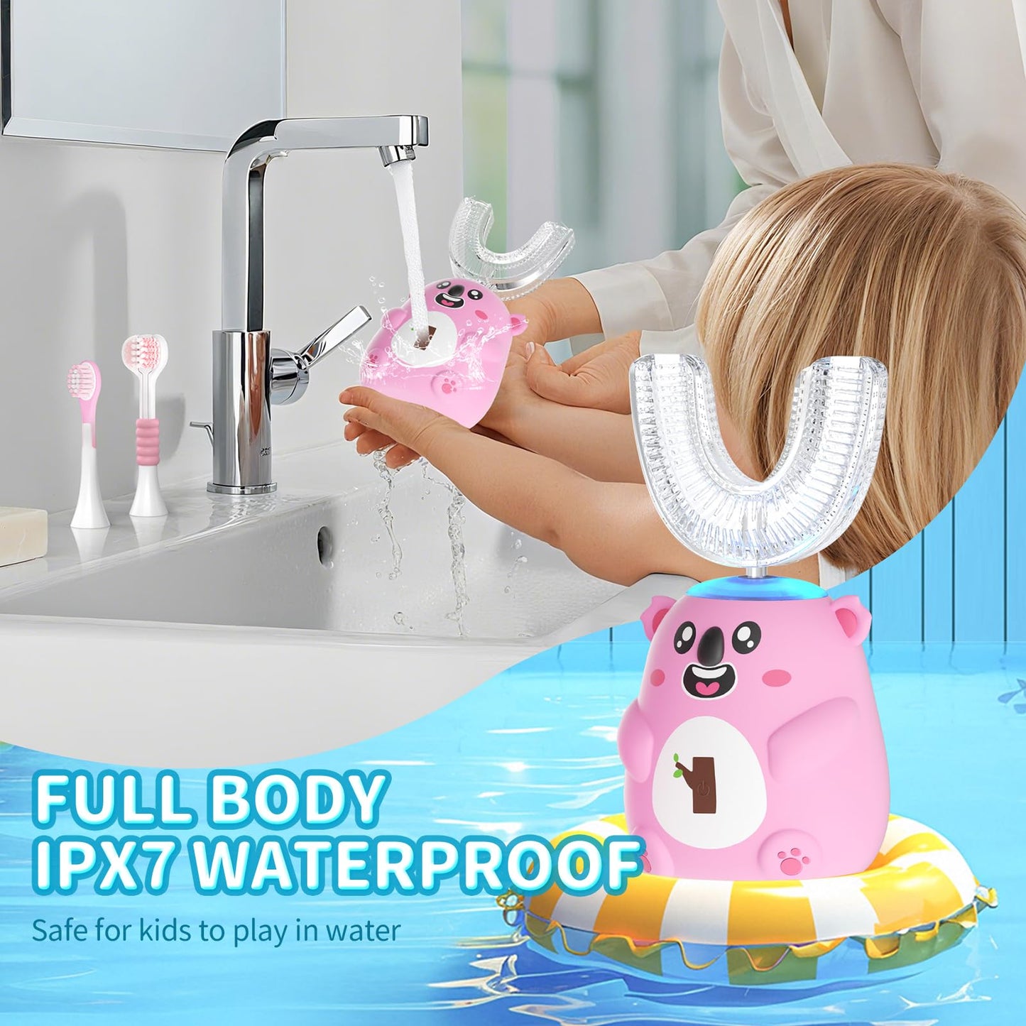 QDCYP Kids U-Shaped Electric Toothbrush (6-12) – 360° Sonic Cleaning, 6 Modes, 4 Heads, Koala Pink