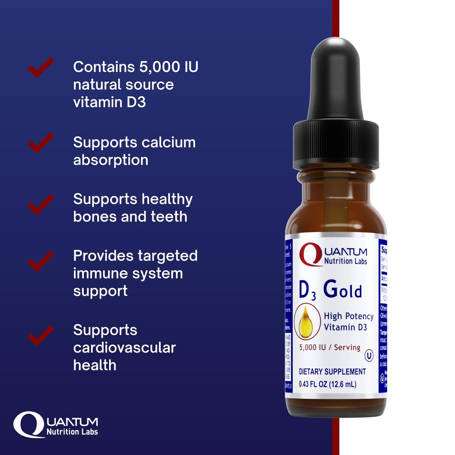 QNL D3 Gold Vitamin D Liquid Drops – Bone Strength, Immune & Cardiovascular Support | 0.43 fl oz (Pack of 2)