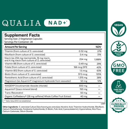Qualia NAD Supplement — Clinically Boost NAD+ Up to 67% | Niagen, Niacin & Niacinamide | 1 Month Supply