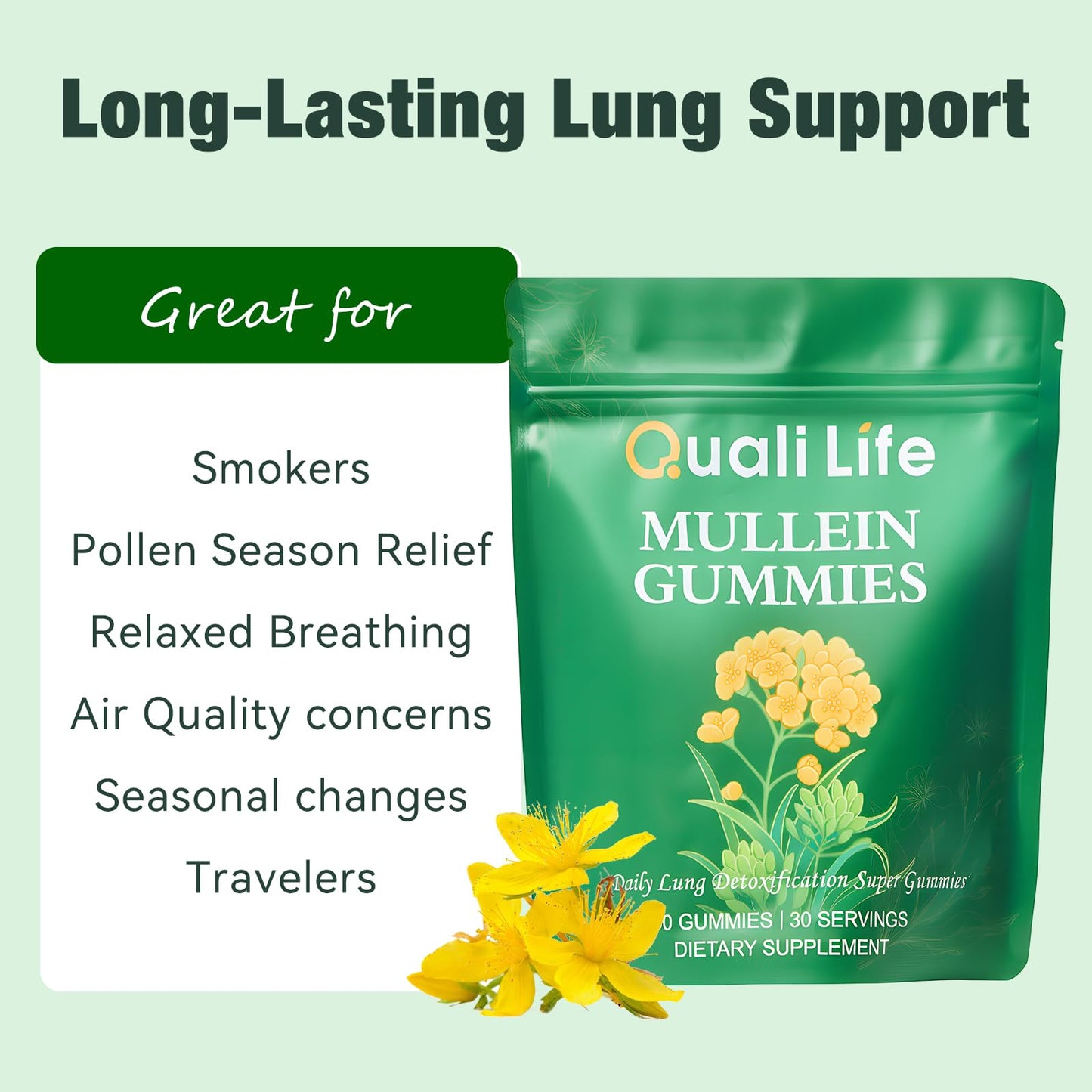 QualiLife Mullein Gummies for Lungs – 2000mg Mullein Leaf Extract | Pear Flavor