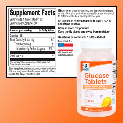 Quality Choice Fast Acting Glucose Tablets - Orange Flavor, 50 Count