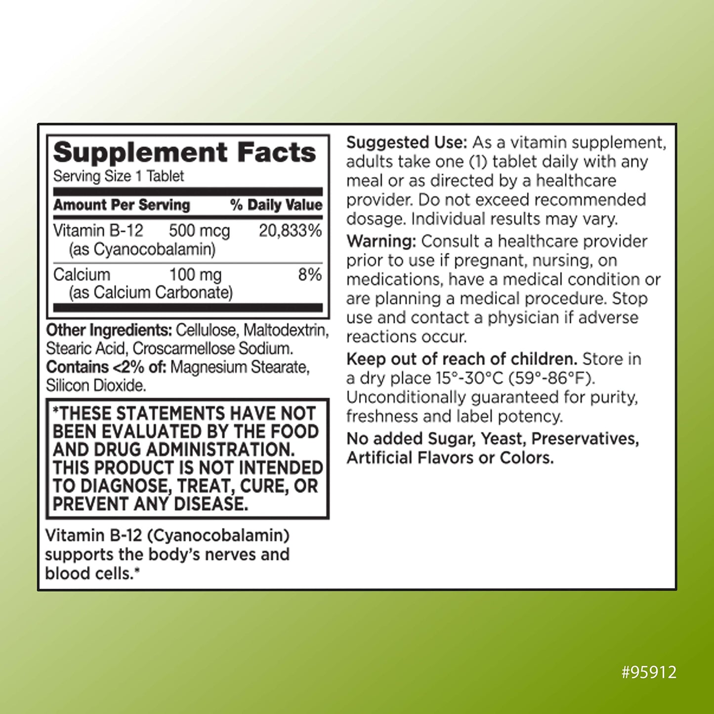 Quality Choice Vitamin B12 500 mcg – Energy, Metabolism & Nervous System Support | 100 Count Bottle of Tablets
