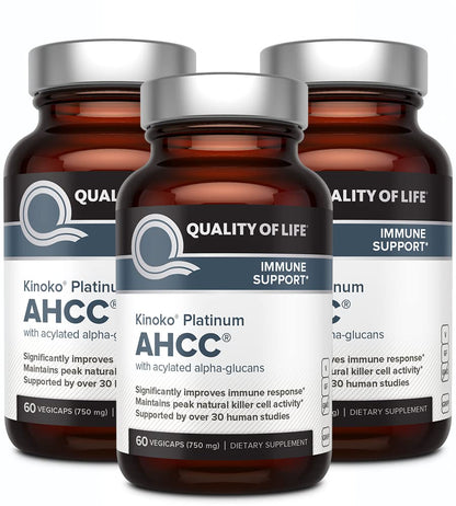 Quality of Life AHCC Kinoko Platinum 750 mg – Immune Support Pack of 3 (60 Count Bottles)