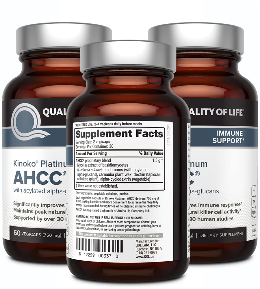 Quality of Life AHCC Kinoko Platinum 750 mg – Immune Support Pack of 3 (60 Count Bottles)