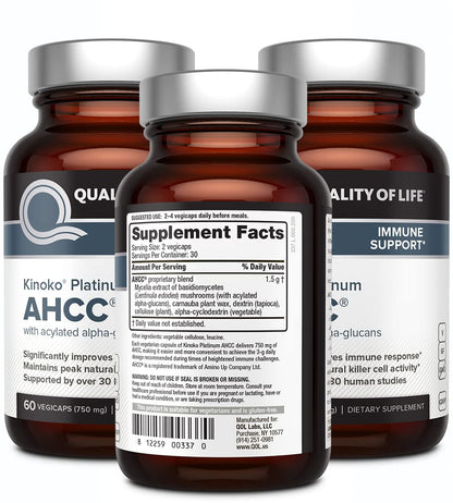 Quality of Life AHCC Kinoko Platinum 750 mg – Immune Support Pack of 3 (60 Count Bottles)
