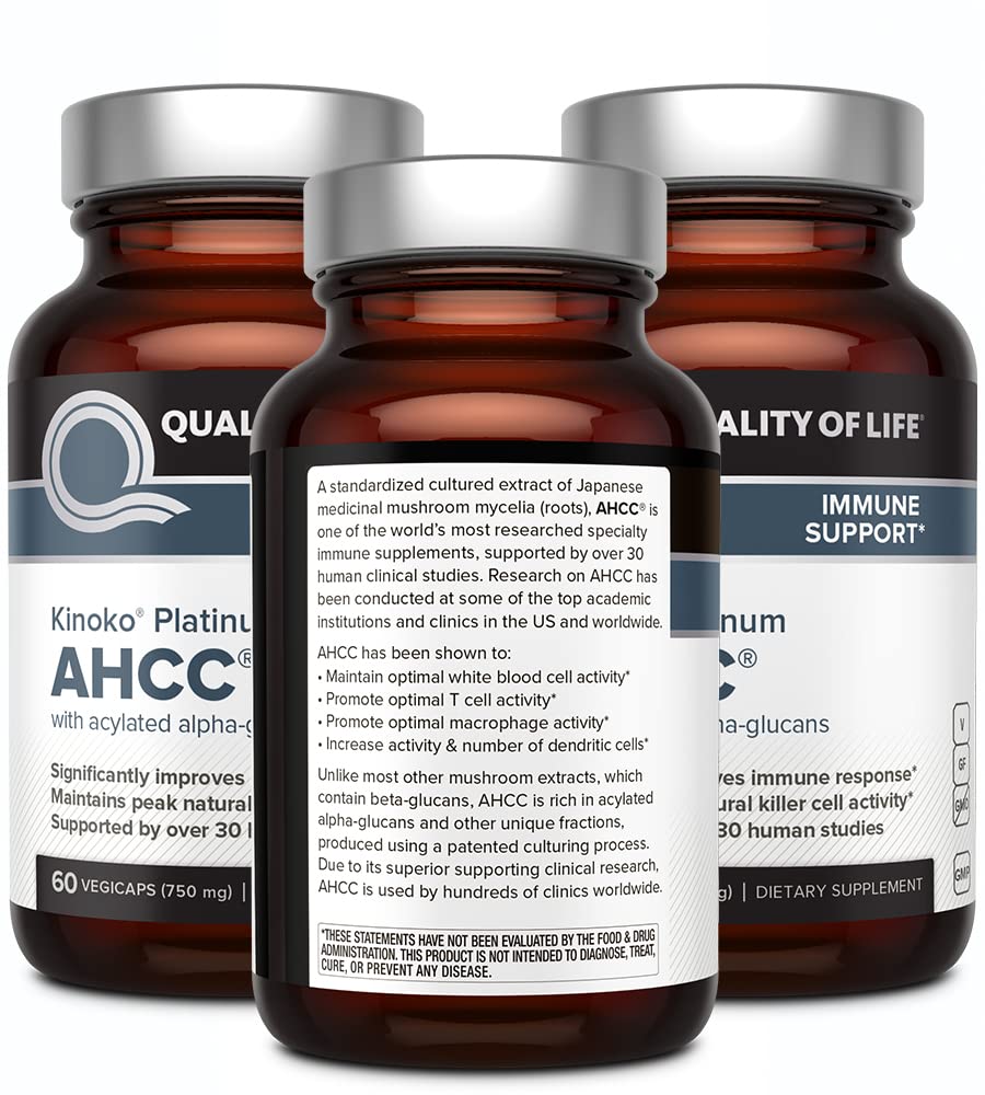 Quality of Life AHCC Kinoko Platinum 750 mg – Immune Support Pack of 3 (60 Count Bottles)