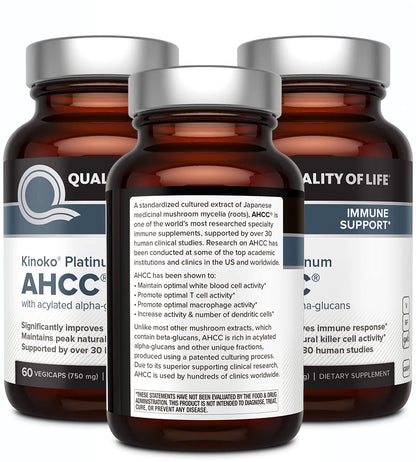 Quality of Life AHCC Kinoko Platinum 750 mg – Immune Support Pack of 3 (60 Count Bottles)