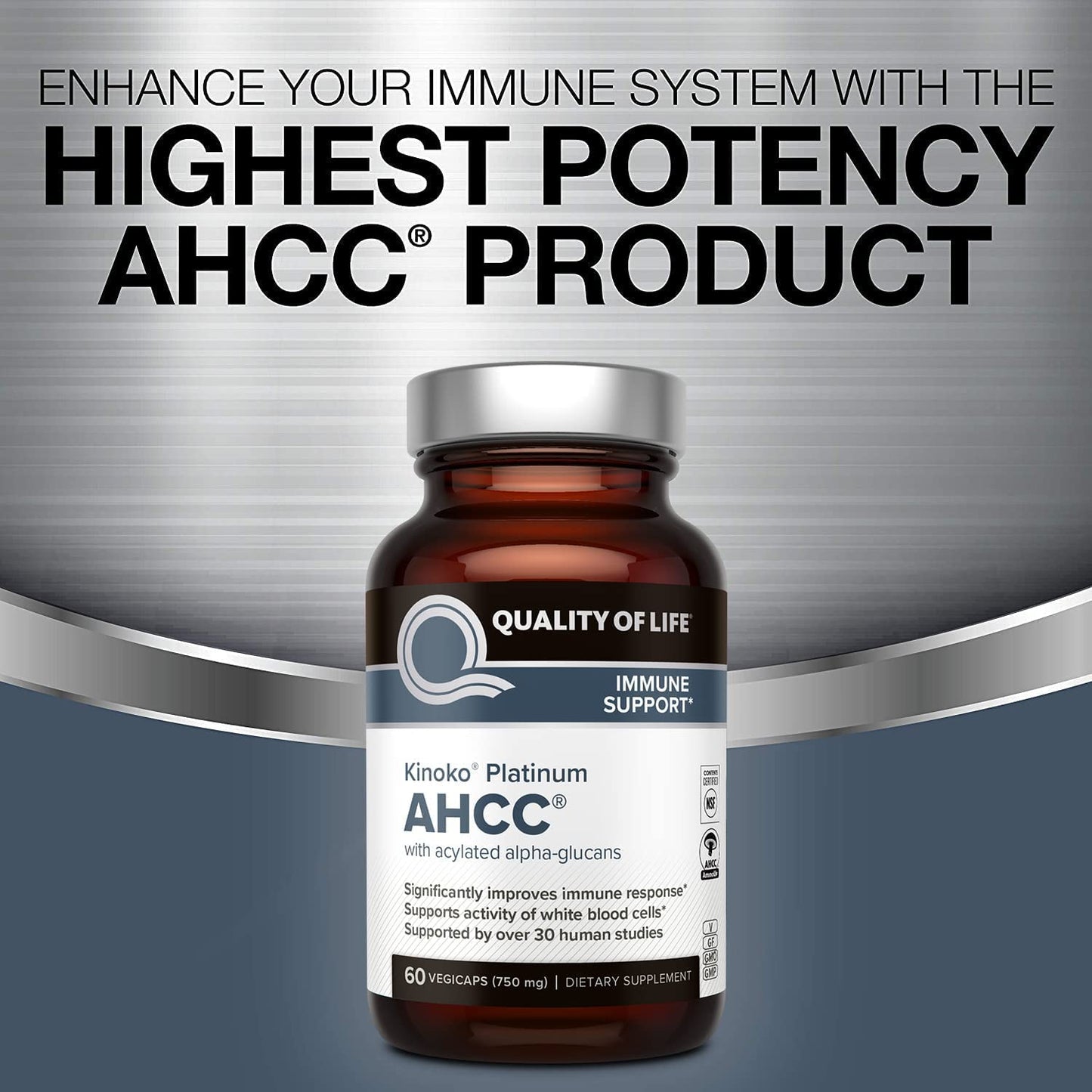 Quality of Life AHCC Kinoko Platinum 750 mg – Immune Support Pack of 3 (60 Count Bottles)