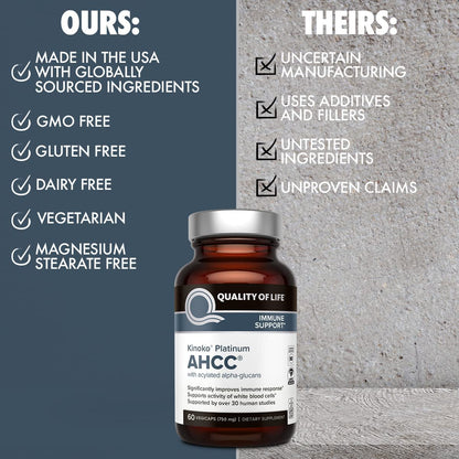 Quality of Life AHCC Kinoko Platinum 750 mg – Immune Support Pack of 3 (60 Count Bottles)