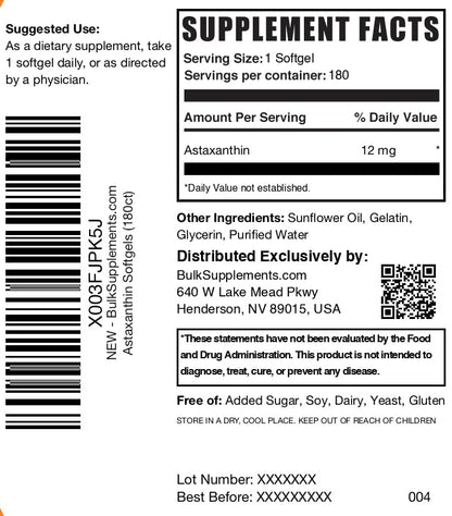 BulkSupplements Astaxanthin 12mg Softgels – Gluten Free, 180 Count (Pack of 1)