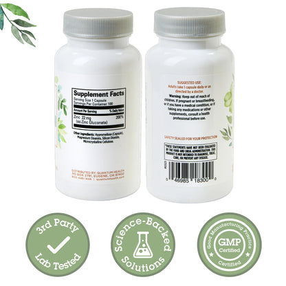Quantum Health Zinc 22 mg – 100 Capsules | Zinc Supplement for Skin, Growth & Vision