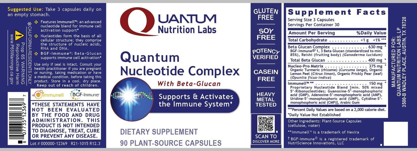Quantum Nucleotide Complex Beta Glucan Immune Support - 400 mg 1,3 Beta-Glucan per Serving | 90 Vegetarian Capsules | Quantum Nutrition Labs