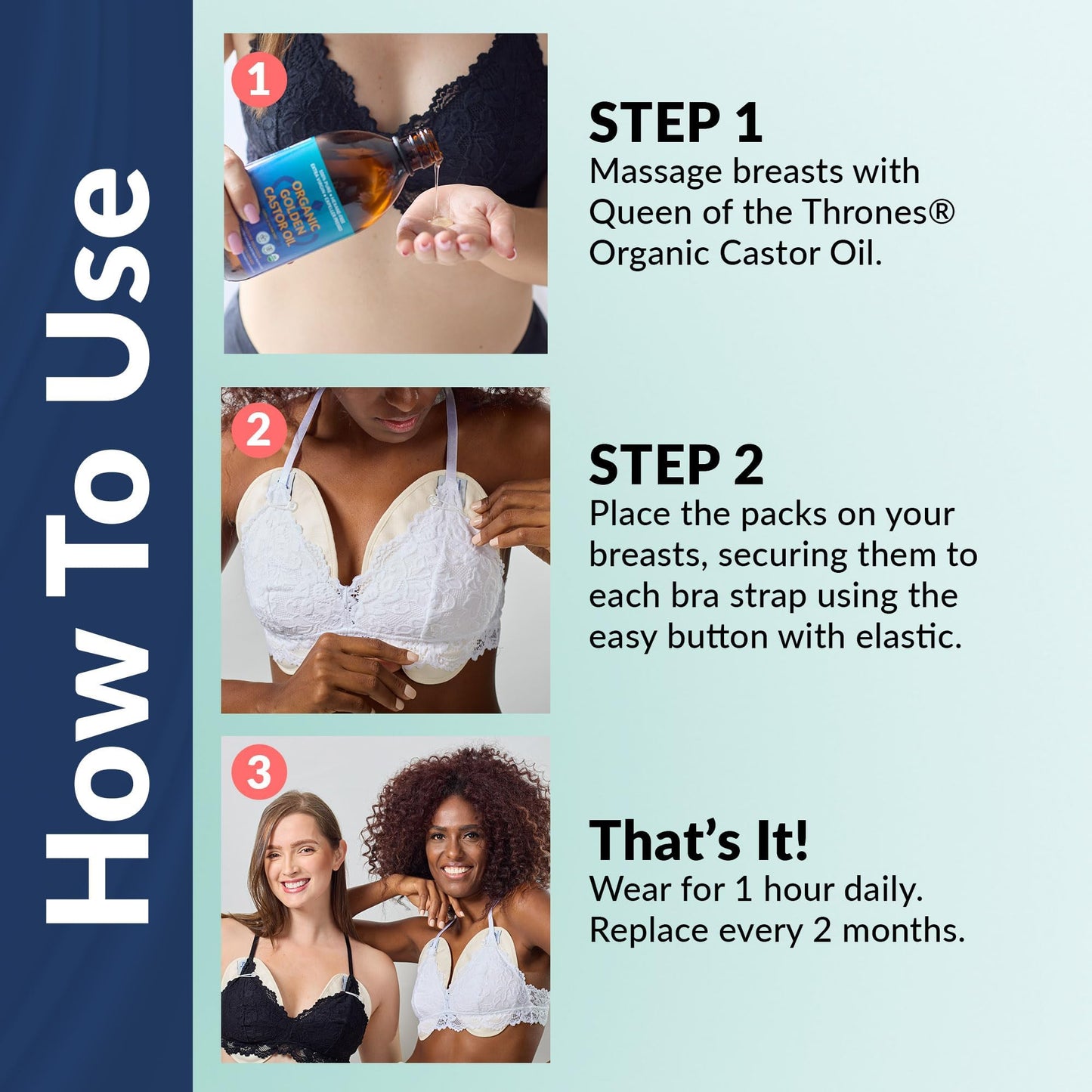 QUEEN OF THE THRONES Castor Oil Pack for Breast (Small) - Heatless, Less-Mess, Reusable - Organic Cotton Flannel, Comfort Fit, Soft Straps & Naturopathic Doctor Designed (Castor Oil Sold Separately)