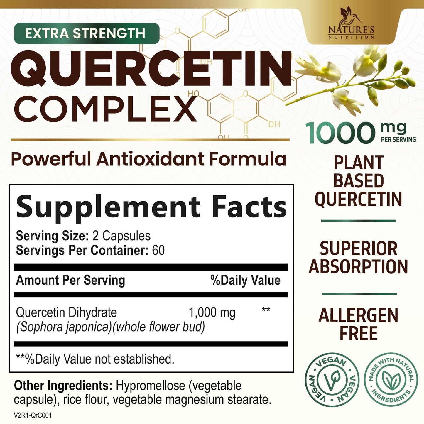 Quercetin Supplement 1000mg - Extra Strength Plant-Based Bioflavonoids for Immune & Respiratory Support