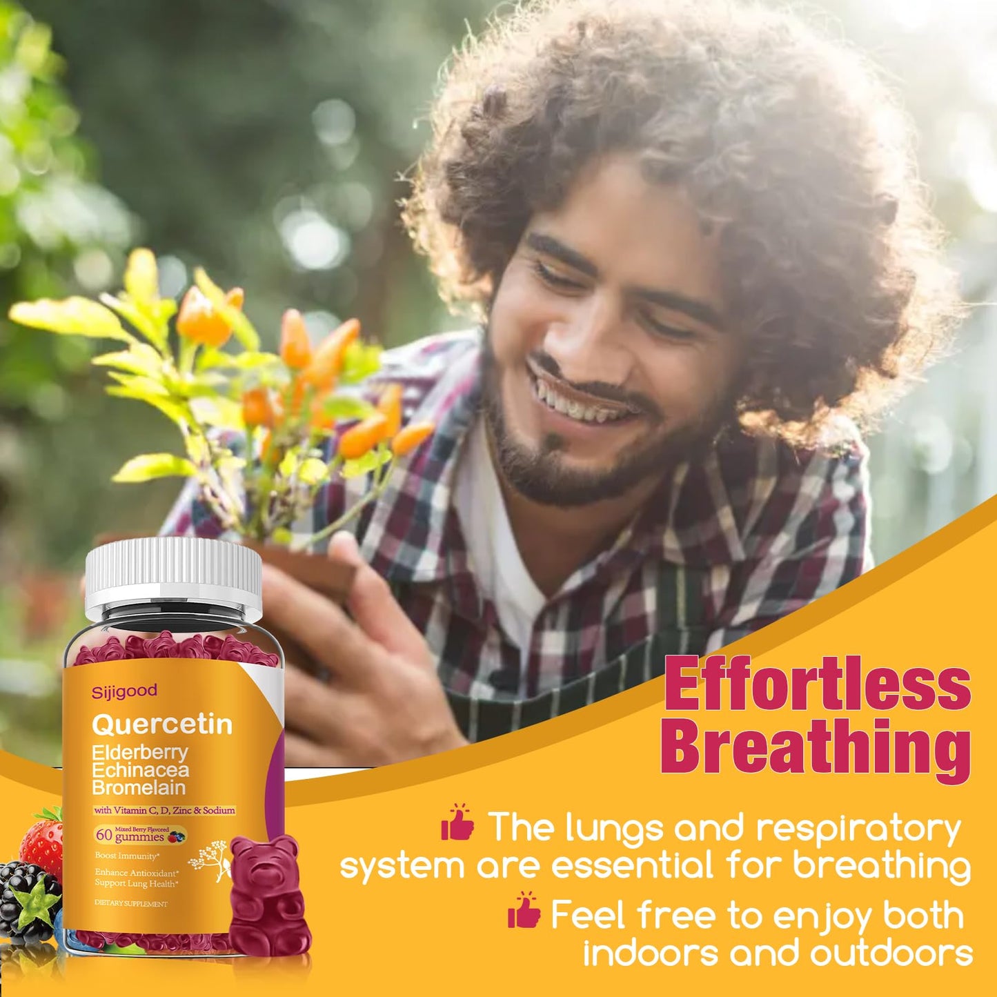 Quercetin Gummies with Bromelain, Elderberry, Echinacea, Vitamin C D Zinc - Immune System Support 60 Counts Pure Quercetin Gummies for Kids & Adults