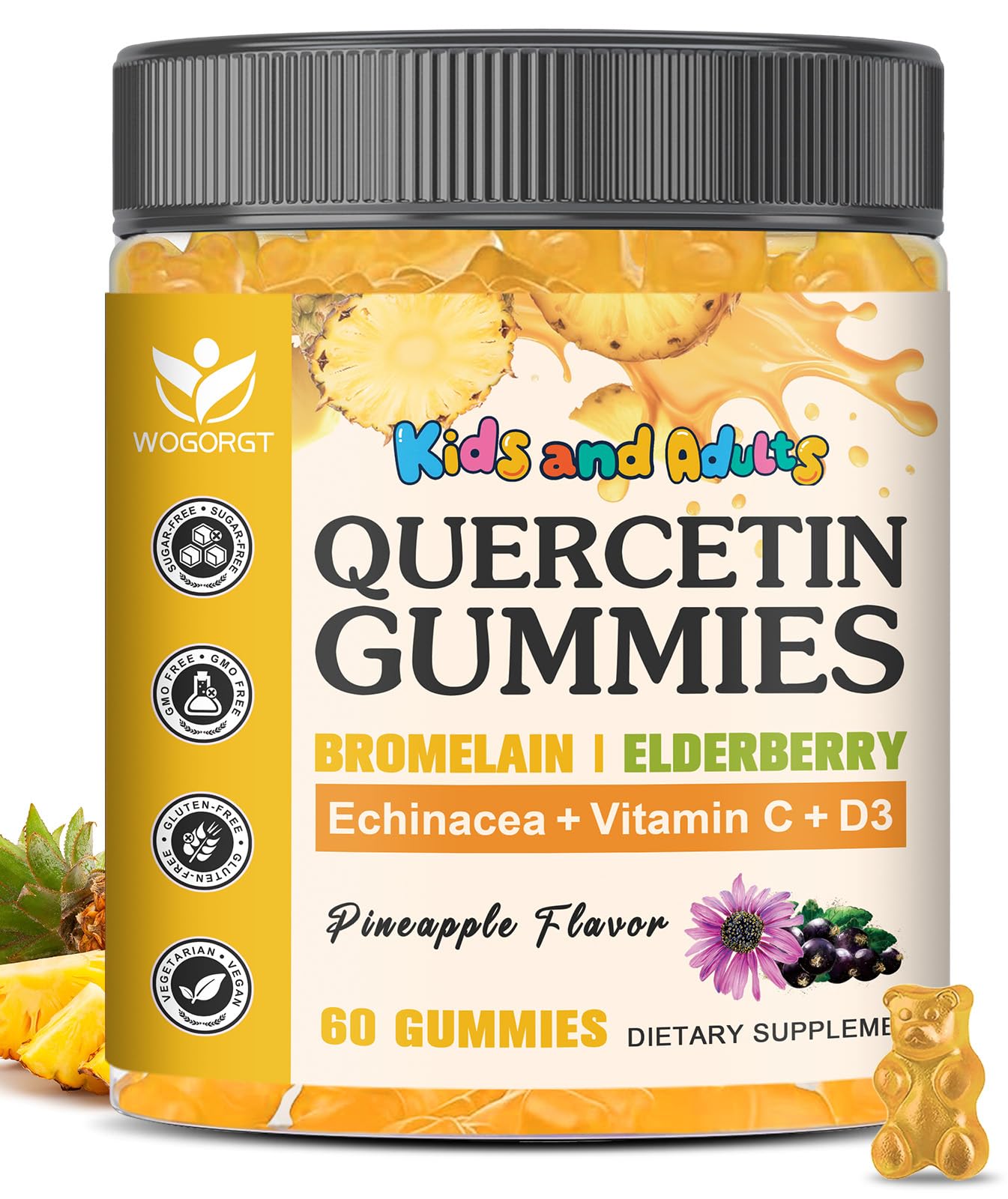 Quercetin Gummies with Bromelain - Immune Support for Adults & Kids, 800mg Quercetin, Pineapple Flavor, Sugar Free, Vegan | 60 Count