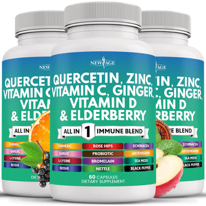 NEW AGE Quercetin Zinc Vitamin C Bromelain Elderberry — 180 Count Immune Support Formula