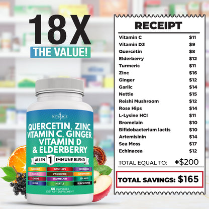 NEW AGE Quercetin Zinc Vitamin C Bromelain Elderberry — 180 Count Immune Support Formula