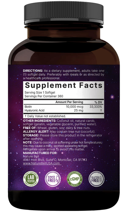 Biotin 10000mcg + Hyaluronic Acid 25mg Softgels | 360 Coconut Oil | Hair Skin Nails