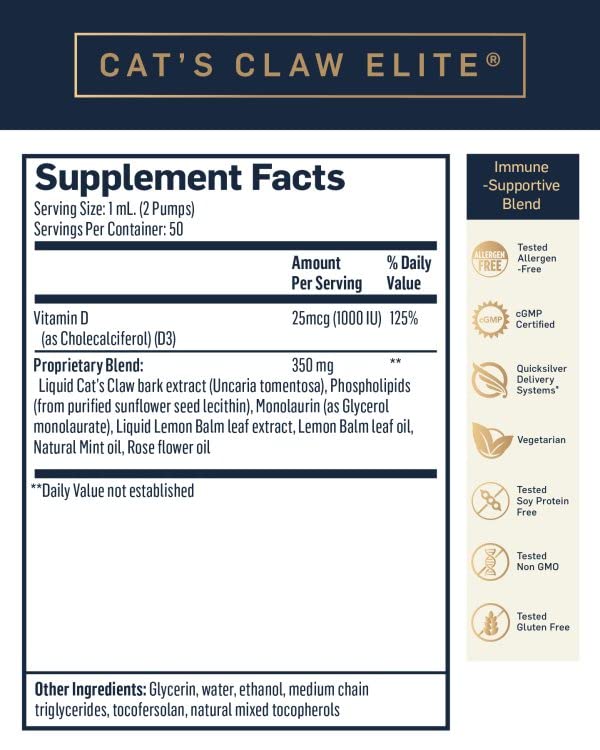 Quicksilver Scientific Nanoemulsified Cat's Claw – Immune Support with 1000 IU Vitamin D + Monolaurin (Vegan Liposomal) 1.7 oz / 50 ml